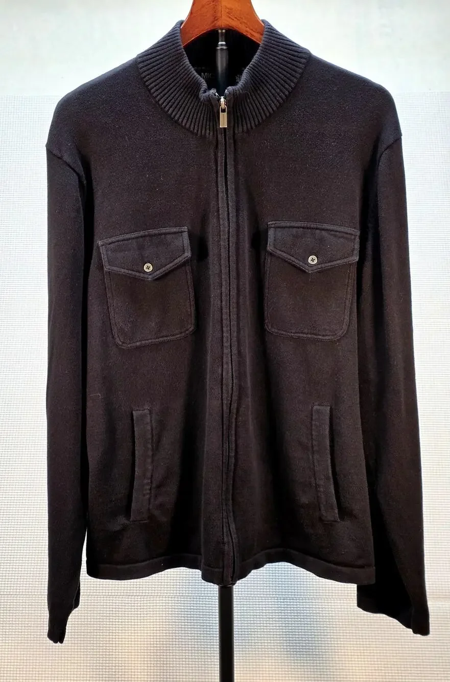 MICHAEL KORS Men's Full Zip Knit Cardigan Sweater Jacket Black 100% Cotton XL